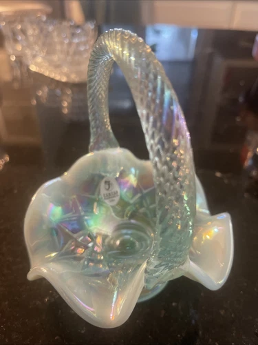 Vintage Fenton Art Glass Blue Opalescent Hobnail Mini Basket 4.75” Tall