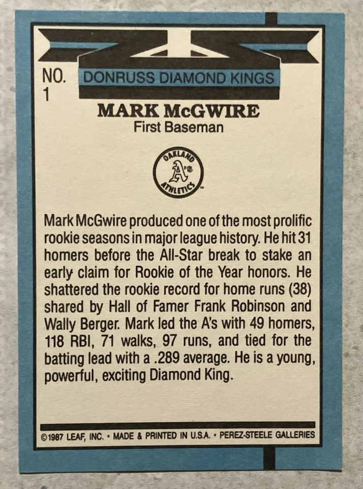 Donruss Diamond Kings 1987 Mark McGwire No. Tarjeta de béisbol de 1 error Foto 4 de 4