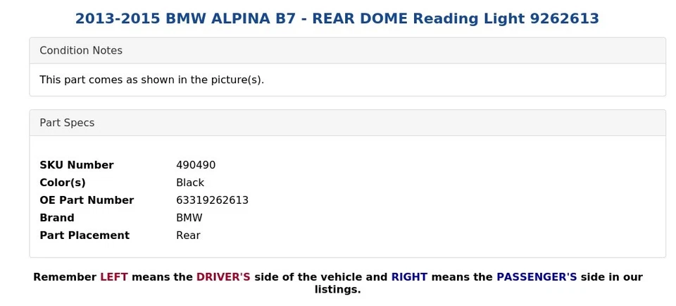 BMW ALPINA B7 2013-2015 - Luz de lectura cúpula trasera 9262613 Foto 4 de 4