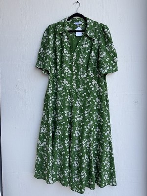 L.K. Bennett Green White Floral Midi Dress Button V-Neck Short Sleeve Size 16