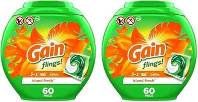 Gain Flings! Laundry Detergent , HE Compatible, 60 Count, Island Fresh, Pack 2