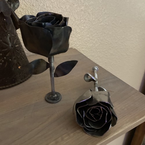 2 Piece Handmade Metal Rose Art Sculpture METALWORK free standing. Recycled Art. - Picture 2 of 14