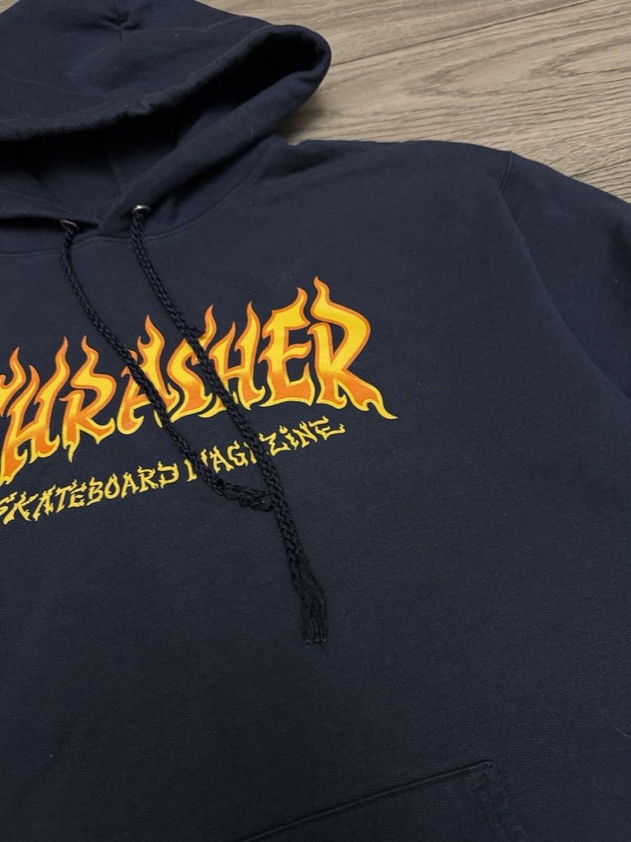 Thrasher 90's Skateboard Magazine Blue Hoodie Flame Logo Thrasher 90's Skateboard Magazine Blue Hoodie Flame Logo