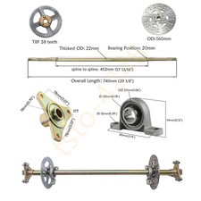 740mm Go Kart Rear Axle Kit Hub T8F Sprocket Pillow Bearing For Drift Trike Quad
