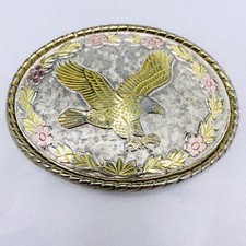 Vintage W Eagle Belt Buckle Western Gold Tone Floral Women  s Made in USA Braided