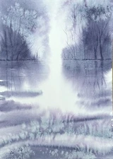 Original Relax Painting Design Modern Art Landscape morning fog tree Watercolor