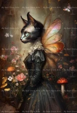 VICTORIAN FAIRY CAT ART PRINT, Decor Gothic Poster, Magical Kitty Feline E026