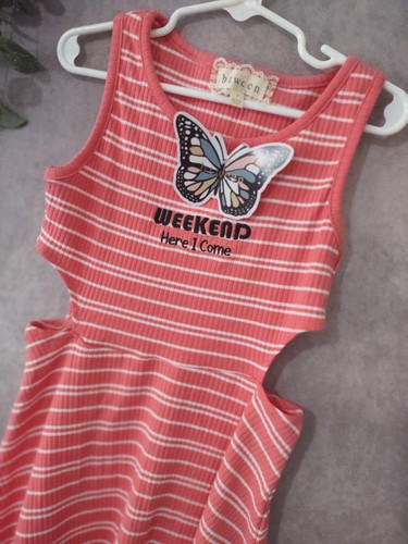Btween Dress Kids Size 7 Pink Stripe A Line Sleeveless Knee Length Cut Out Side - Picture 2 of 8
