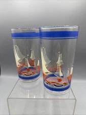 Vintage Hazel Atlas Sailboat Juice Glass Blue Orange White 4.75" Set/2 MCM