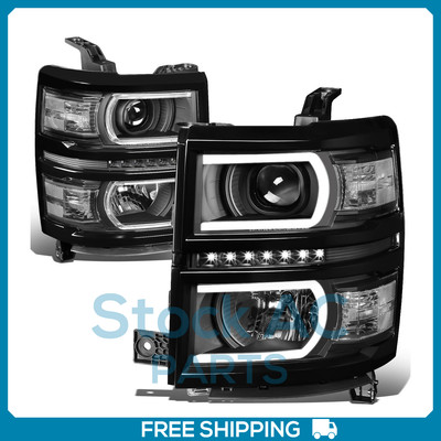 Headlights LED DRL+U-Strip Projector Lamps Black/Clear for 2014-2015 Silverado