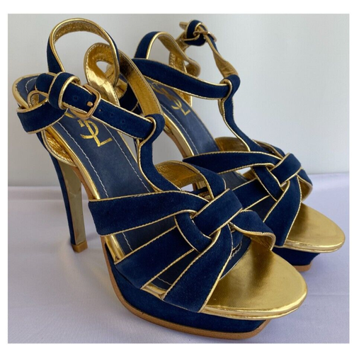 YSL Yves Saint Laurent Tribute Suede Navy Blue Gold Platform Sandals sz 39 US 9