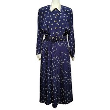 Vintage 90s Talbots Petites Dress Size 10 Navy Blue White Polka Dot Pleated Belt