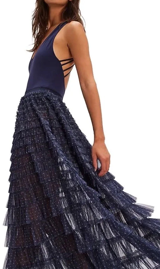 Free People возвращение оборки макси скольжения юбка заколка Dot темно-синий комбо XS новый с Ярлыками - Изображение 4 из 4