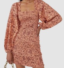 Free People Size XS Smock It to Me Long Puff Sleeve Mini Dress Apricot Combo