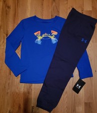 Under Armour Boys Mountains River Camp Logo Shirt Jogger Set Blue Navy 6 7 NEW