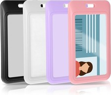 4 Pack Sliding ID Badge Holders, Heavy Duty Hard Plastic Vertical Card Protector