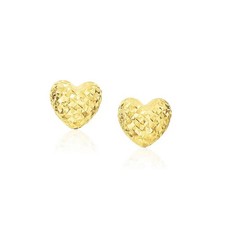 14K Yellow Gold Puffed Heart Earrings Diamond Cut 8mm Textured Push Back