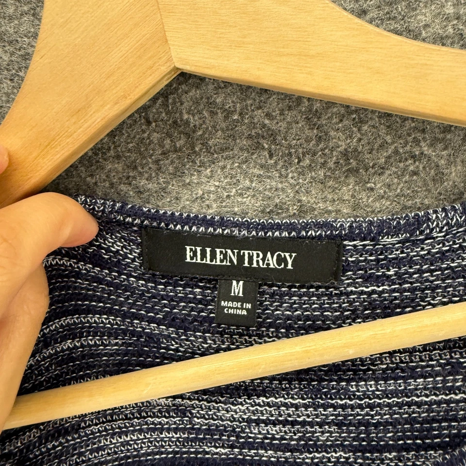 Ellen Tracy 毛衣套衫女式 M 中号蓝色条纹针织长袖棉质 — 第 3/4 张图片
