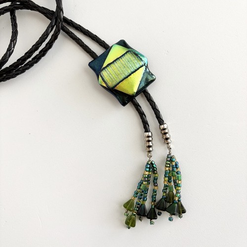 Handcrafted Iridescent Fused Art Glass Beaded Tassel Western Leather Bolo Tie
