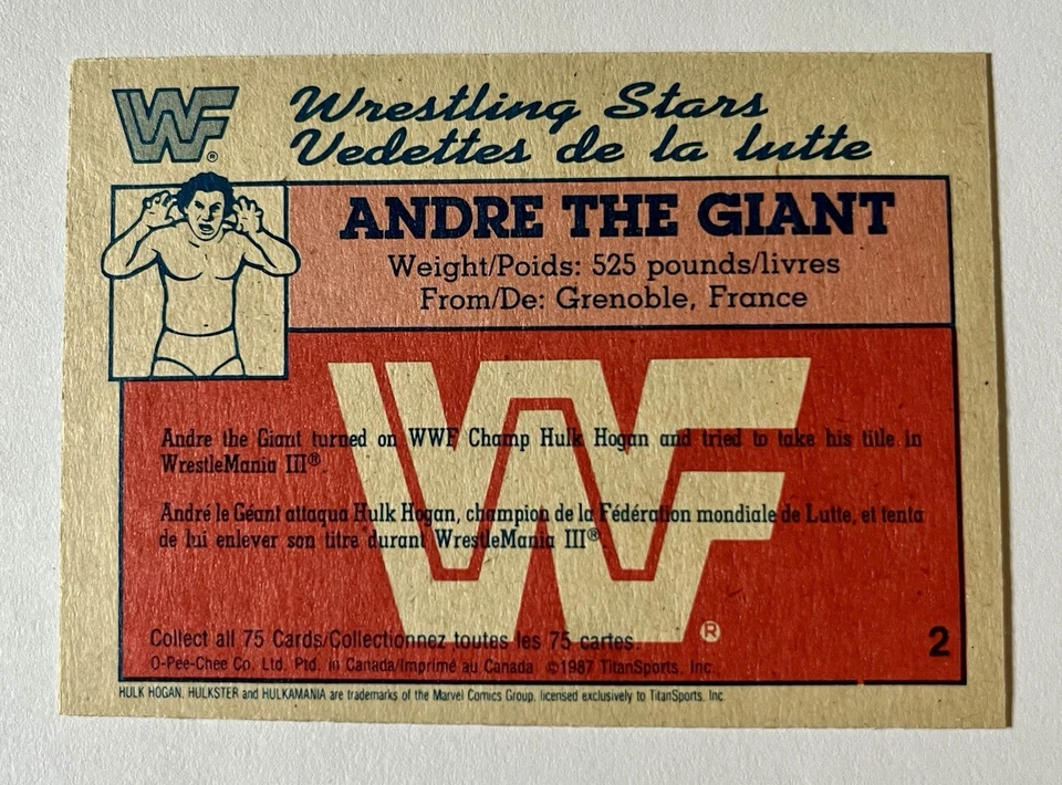 1987 WWF-O-pee-Chee-Andre The Giant#2-Pack Fresh++Opened Pack With Card And Gum - Image 2 of 4