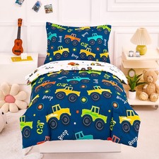 Car Print Bedding Set 4 Pieces Blue Comforter Set for Boys Reversible Fluffy ...