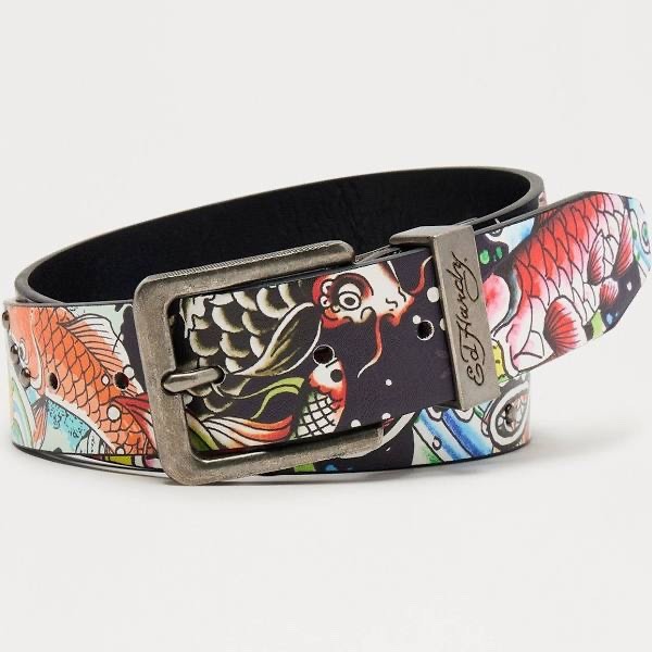 小物 Rare Ed Hardy Studs Design Belt Ed Hardy Men Size 34 Koi Fish Multicolor Print Black Belt W