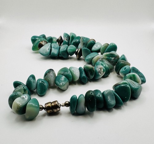 Vintage Green Agate Gemstone Necklace Beaded w Silver Disc Spacers 17” Statement - Picture 5 of 11