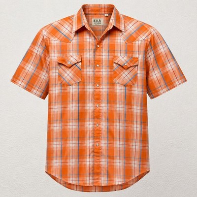 Ely Cattleman Western Shirt Mens XL Orange Blue Plaid Pearl Snap Short Sleeve