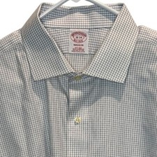 Brooks Brothers Madison Fit Non Iron Dress Shirt Men's 18 34 Blue Check on white