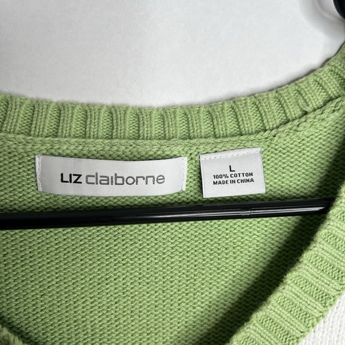 Liz Claiborne Women’s Size L Green Argyle Sweater V Neck 100% Cotton Large Navy - Picture 2 of 8