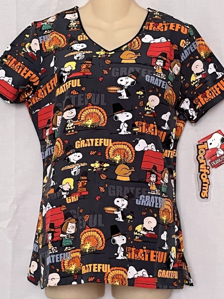 Snoopy Scrub Top Size XS Thanksgiving Peanuts Charlie Brown V-Neck Pockets - Image 3 of 4