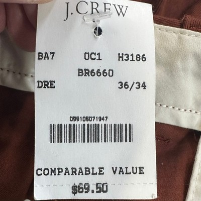 NEW J. Crew Flex Men 36X34 Pants Chino Rust Brown Straight Fit Stretch Authentic