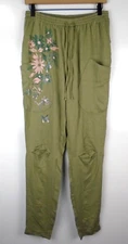 Oslo Women's Floral Pleated Knee Drawstring Jogger Pants Sz 6 Green 100% Viscose