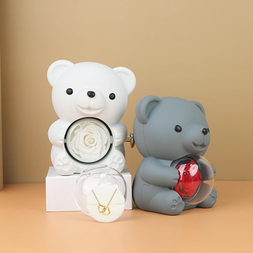 Valentines Day Special Preserved Rose & Bear Double Heart Necklace Gift Box - Picture 4 of 18