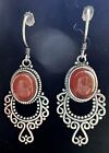 Vtg Carnelian Dangle Earrings Silver Tone Filigree Art Deco Red Coral Chandelier