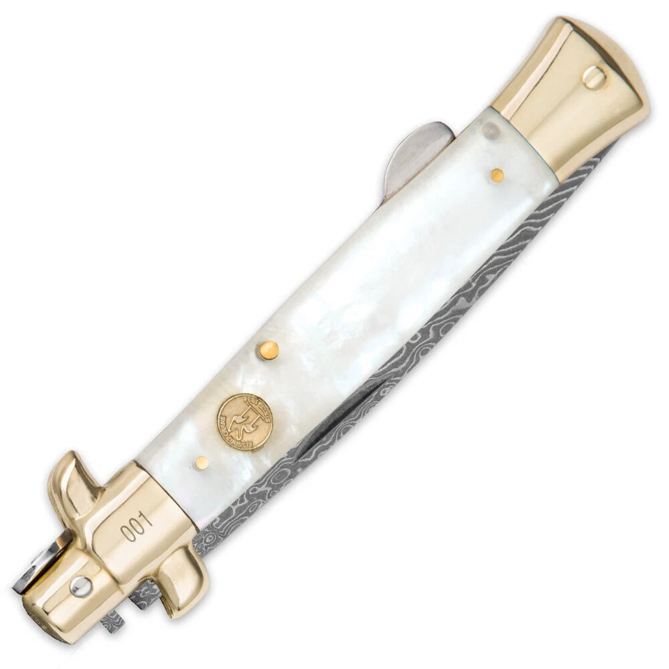 9" Italian Milano Stiletto Damascus Folding Pocket Knife - Pearl - Image 2 of 3