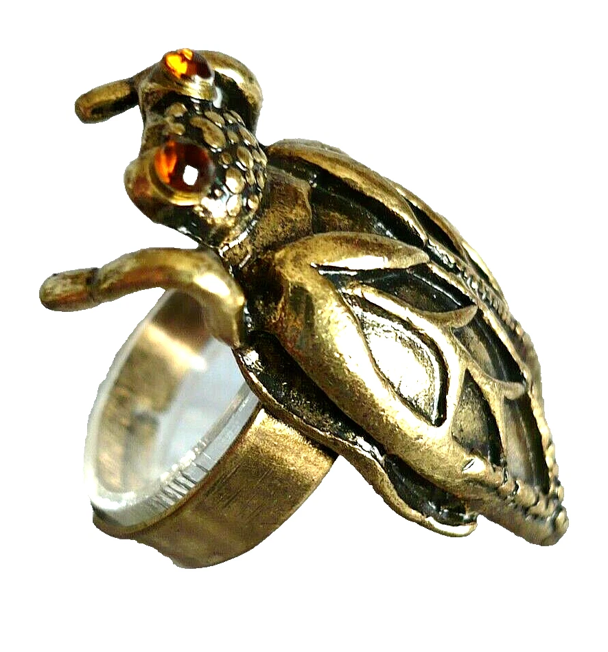 wuchtig + groß FLIEGE INSEKT Folklore Schmuck Ring STRASS Augen alt gold NEU - Bild 2 von 3
