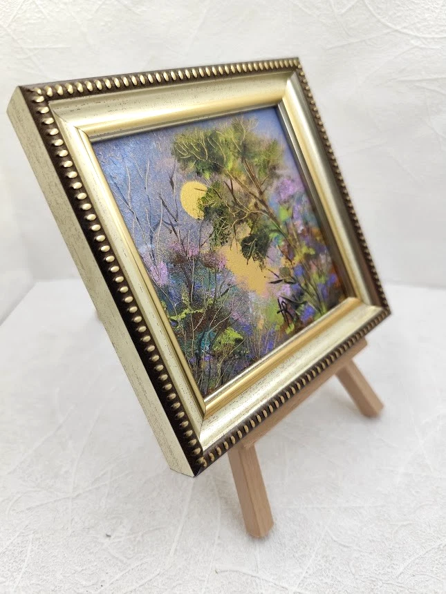 Pintura al óleo original Bosque Mágico Dorado Pintura abstracta 4x4 pulgadas enmarcada Foto 3 de 4