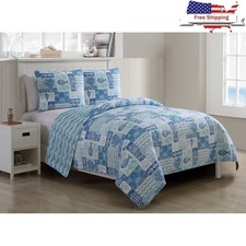 Patchwork Sealife 3 Piece Reversible Quilt Set Full Queen Marine Life Bedding US