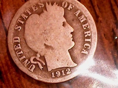 1912-D SILVER BARBER DIME - GRADES "ABOUT GOOD"