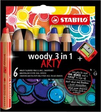 STABILO Multi-Talented Pencil woody 3 in 1 ARTY - Pack of 6 - Assorted Colors...