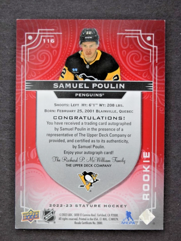 2022-23 Upper Deck Stature Red Auto Samuel Poulin #10/35 - Image 2 of 2