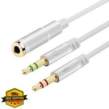 Headphone Y Cable Splitter 3.5mm F to 2 Dual 3.5mm M PC Mic Silver