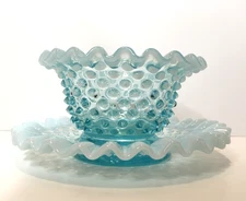 Vintage MCM Fenton Opalescent Blue Hobnail Ruffle Mayonnaise Bowl and Plate Set