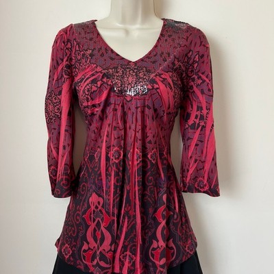 Unity World Gear Y2K Sequin Babydoll Tunic Victorian Print Red Medium Petite