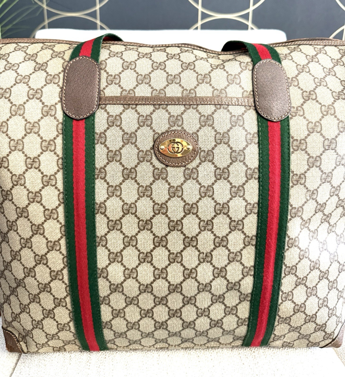 GUCCI Authentic Web Sherry Line Boston Bag Travel Bag XL tote Monogram Brown thumbnail 5