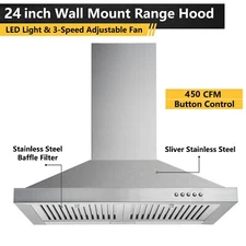24 in Range Hood Stainless Steel Wall Mount Kitchen Vent 450CFM 3-Speed Fan New