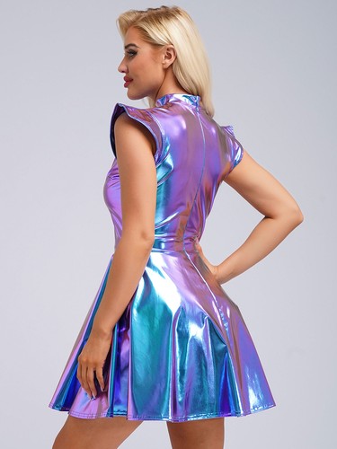 Costume donna vestito smanicato cappuccio manica gonne danza metallizzato club wear bar - Foto 70 di 116