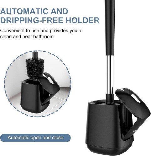 Toilet Brush and Holder Set with Self Closing Lid, Extra Long Handle, Black - Picture 3 of 7