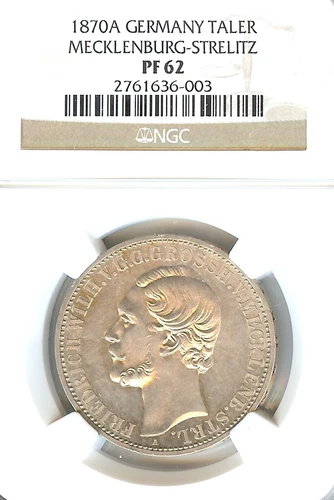 German States Mecklenburg-Strelitz 1870 Taler Coin Thaler NGC PF62 PROOF UNC PP